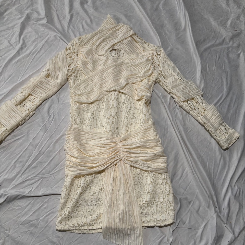 Cream Lace Ruched Long Sleeve Mini Dress - Draped Overlay